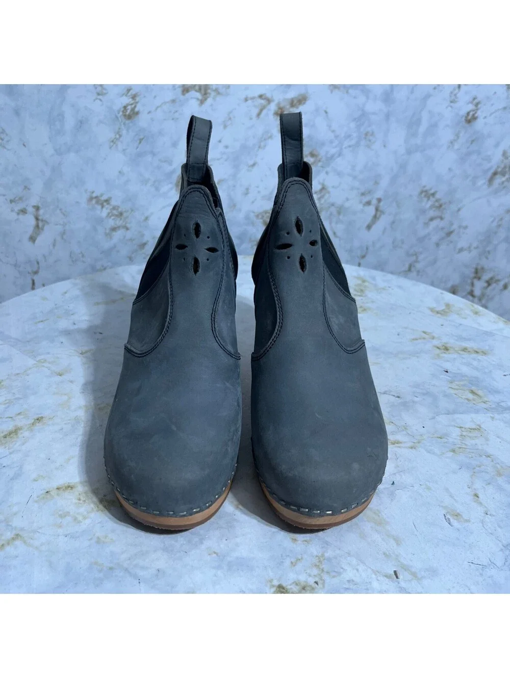 Swedish Hasbeens 40 Womens Size 10 Shoes Blue Leather Wooden Chelsea Ankle Boots